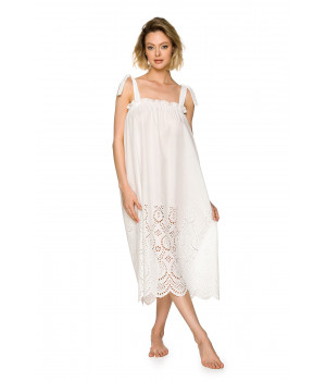 Long, white nightdress made of 100% cotton with eyelet embroidery, tied at the shoulders
