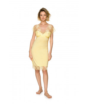 Luxurious, short-sleeve, nightdress in a lovely shade of soft yellow with lace on the bust and back - Coemi-lingerie