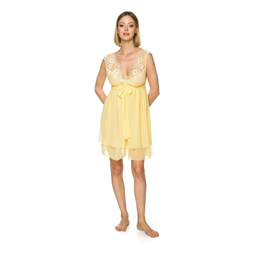 Nuisette babydoll jaune tendre larges bretelles en dentelle et jupe doublée en tulle - Coemi-lingerie