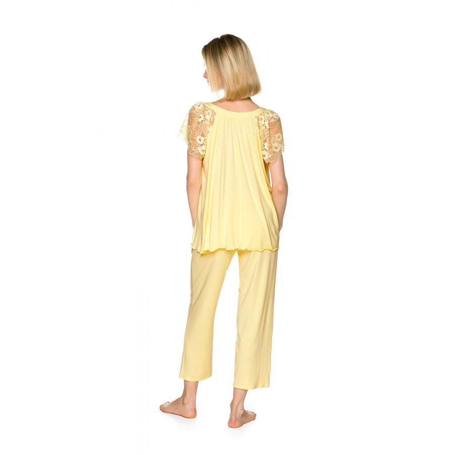 Ensemble pyjama jaune tendre en micromodal haut blouse à manches courtes en dentelle - Coemi-lingerie