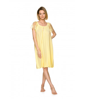 Chemise de nuit/robe d'intérieur jaune tendre ample et évasée manches courtes en dentelle