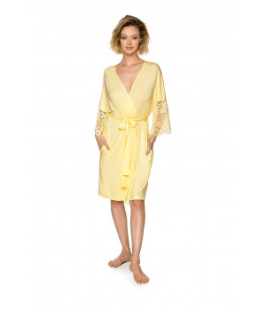 Mid-length, micromodal dressing gown in a soft shade of yellow with long sleeves and lace