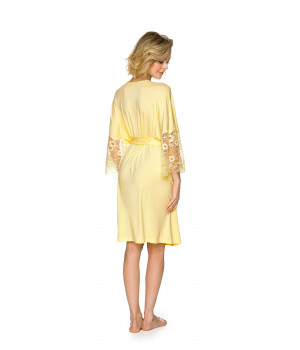 Mid-length, micromodal dressing gown in a soft shade of yellow with long sleeves and lace - Coemi-lingerie
