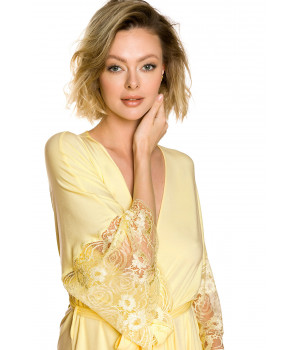 Mid-length, micromodal dressing gown in a soft shade of yellow with long sleeves and lace - Coemi-lingerie