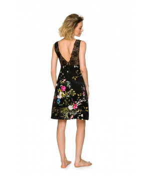 Micromodal negligee with floral print on a black background and lace on the wide straps - Coemi-lingerie