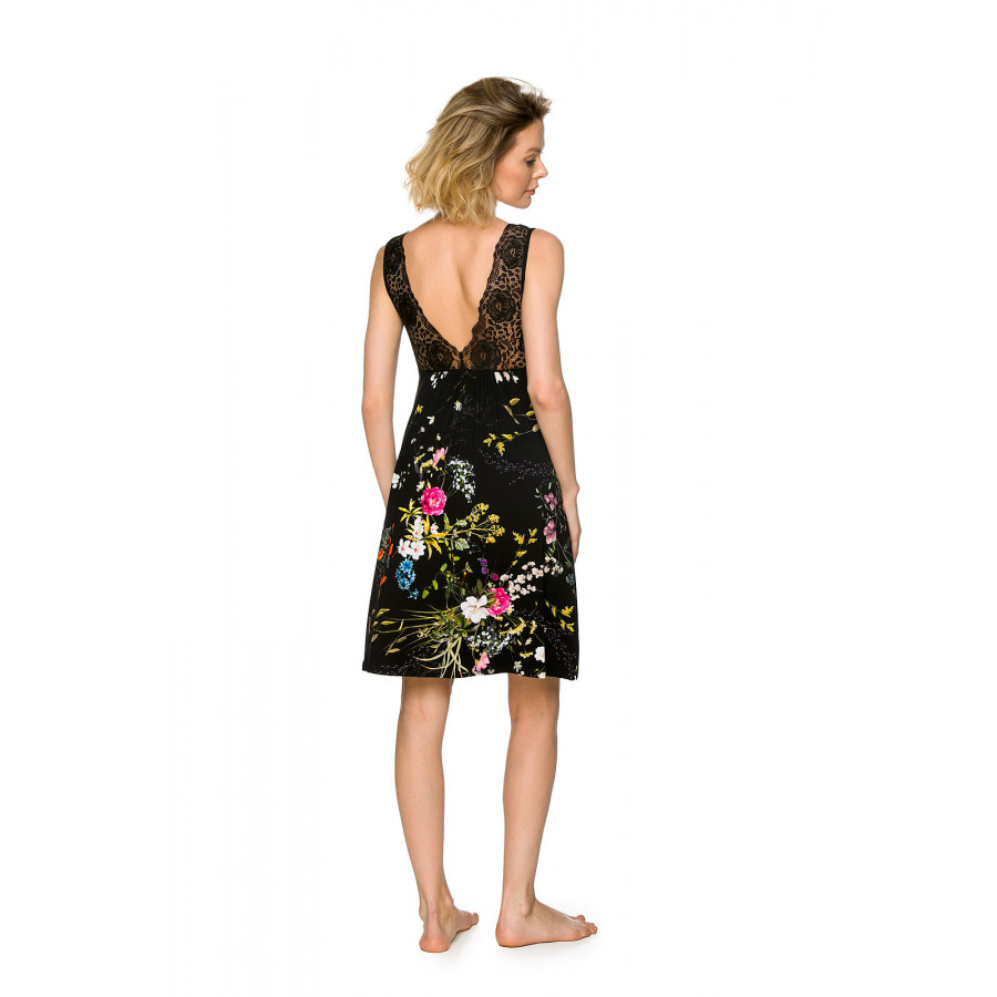 Negligé aus Micromodal mit Blumenprint auf schwarzem Grund und breiten Trägern mit Spitzenverzierung - Coemi-lingerie