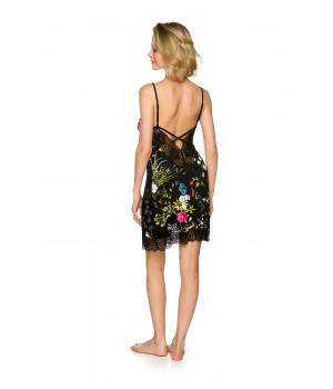 Elegant micromodal negligee in a floral print on a black background with thin, adjustable straps and lace - Coemi-lingerie