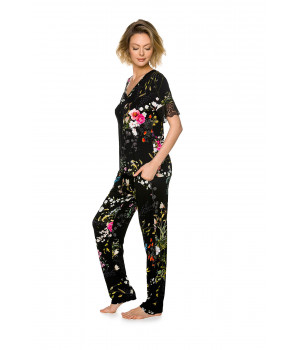 Eleganter zweiteiliger Pyjama aus Micromodal mit Blumenprint auf schwarzem Grund und Spitze - Coemi-lingerie