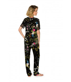 Élégant ensemble pyjama en micromodal imprimé fleuri sur fond noir et dentelle - Coemi-lingerie