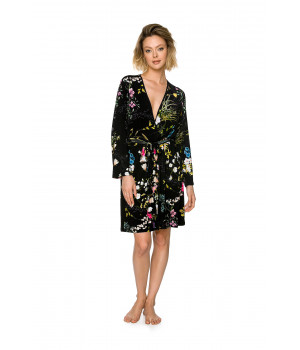 Gorgeous long-sleeve micromodal dressing gown in a floral print on a black background