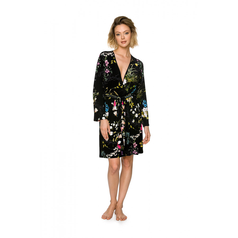Gorgeous long-sleeve micromodal dressing gown in a floral print on a black background - Coemi-lingerie