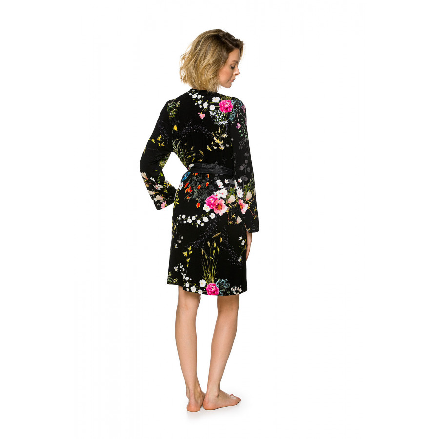 Gorgeous long-sleeve micromodal dressing gown in a floral print on a black background - Coemi-lingerie