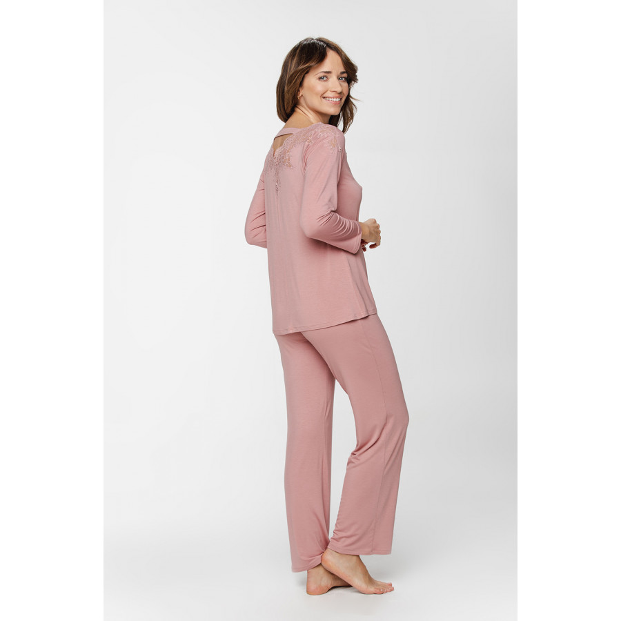 Ensemble pyjama en micromodal et dentelle , haut manches ¾ et pantalon droit et fluide - Du XS au 5XL - Coemi-Lingerie