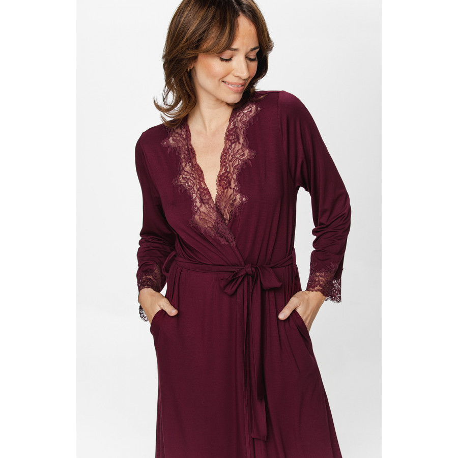 Long micromodal dressing gown with lace on the cuffs and neckline - XS/S to XL/XXL - Coemi-Lingerie