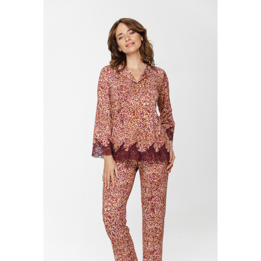 Viscose and lace pyjamas in a speckled print with lace around the hem of the nightshirt-style top - XS to 5 XL - Coemi-Lingerie