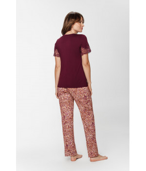 Viscose and lace pyjamas with a wine-coloured V-neck T-shirt and speckled print bottoms - XS to 5XL - Coemi-Lingerie