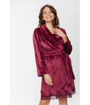 Pretty burgundy velvet knee-length bathrobe with a shawl collar and lace - XS/S to 5XL - Coemi-Lingerie