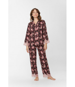 Ensemble pyjama haut chemise boutonnée en viscose soyeux motif cachemire et dentelle coordonnée - Du XS au XXL