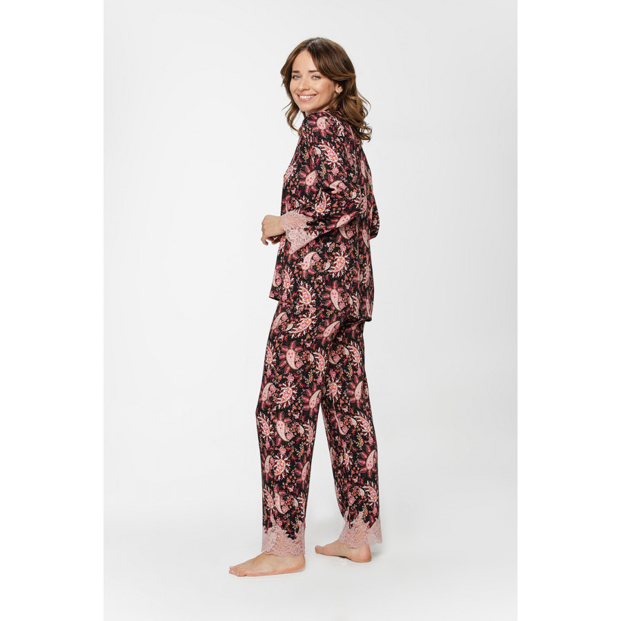 Ensemble pyjama haut chemise boutonnée en viscose soyeux motif cachemire et dentelle coordonnée - Du XS au XXL