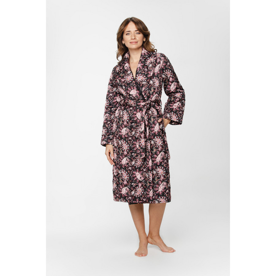 Gorgeous, quilted satin bathrobe with a paisley print, cut just above the knee and shawl collar - XS/S to XL/XXL