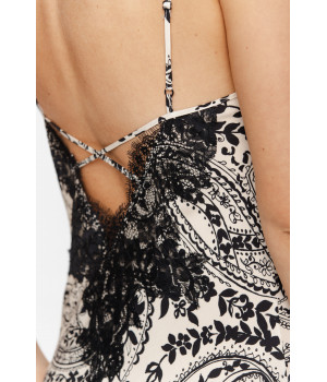 Beautiful viscose negligee with thin, adjustable straps, in black and white paisley print, with black lace - XS to XXL