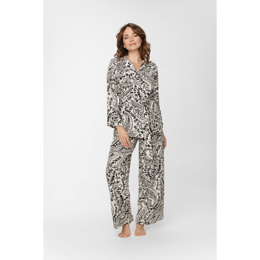 Weiter, bequemer zweiteiliger Pyjama aus Viskose mit schwarz-weißem Kaschmir-Print - XS to 5XL - Coemi-Lingerie