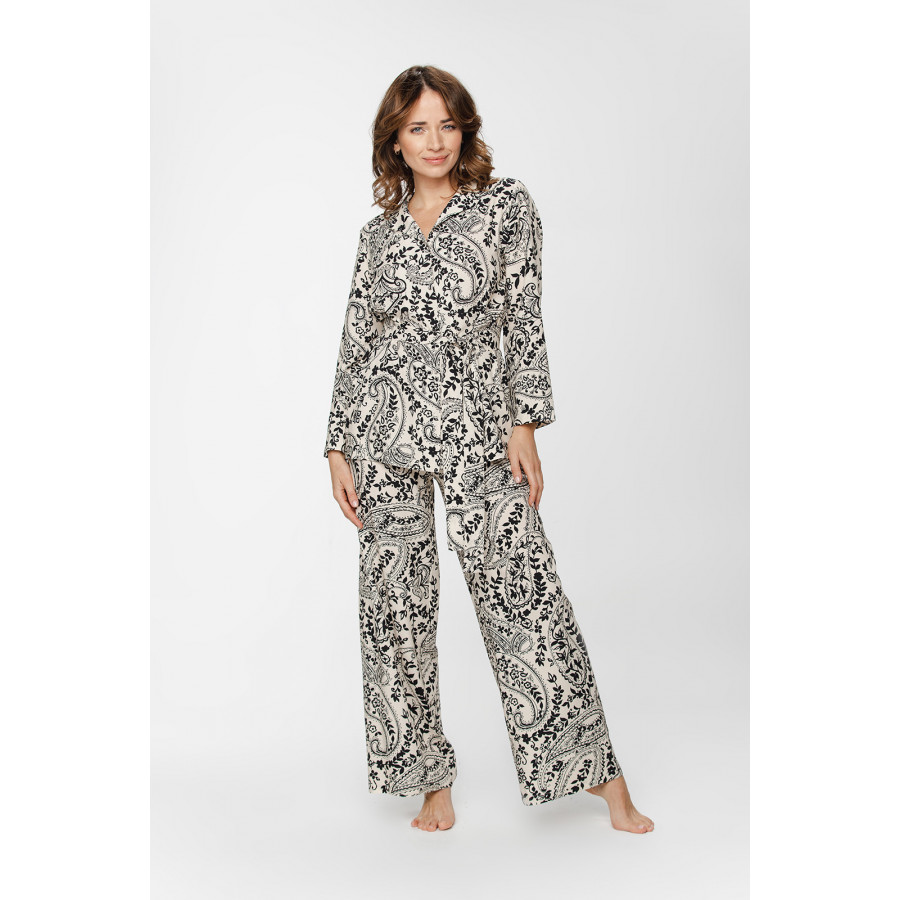 Weiter, bequemer zweiteiliger Pyjama aus Viskose mit schwarz-weißem Kaschmir-Print - XS to 5XL - Coemi-Lingerie