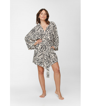 Kimono-style, mid-thigh viscose dressing gown with a black and white paisley print