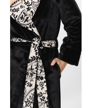 Long, mid-calf velvet dressing gown with a shawl collar and belt lined in viscose with a paisley print - XS/S to 5XL
