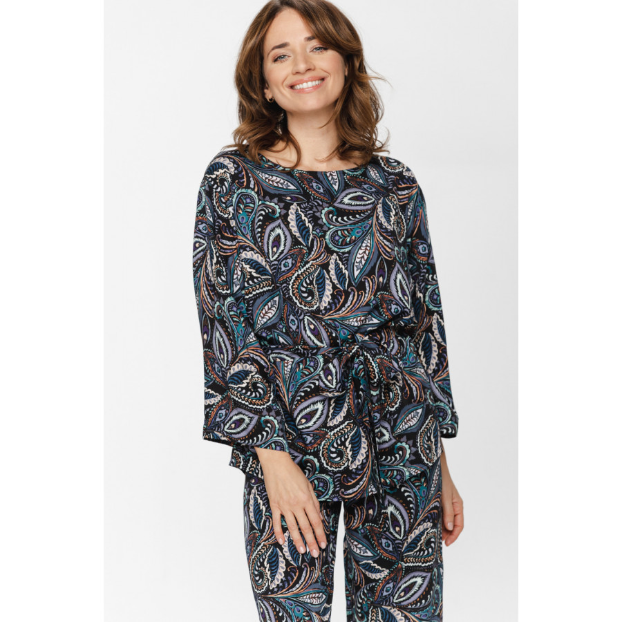 Viscose loungewear/pyjamas in a paisley print, blouse-style top with a tie belt and loose-fitting bottoms - XS to 5XL