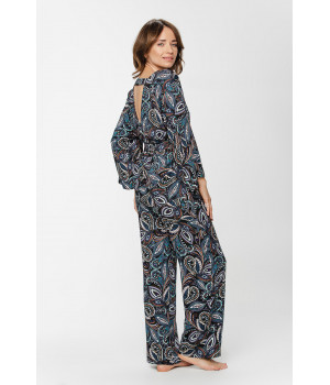 Viscose loungewear/pyjamas in a paisley print, blouse-style top with a tie belt and loose-fitting bottoms - XS to 5XL