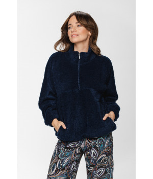 Soft and loose-fitting velvet pullover, raised neck with zip fastening at the front and loose-fitting long sleeves - XS to XXL