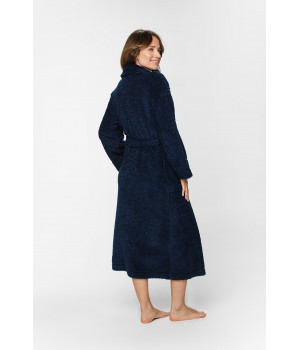 Mid-calf, maxi dressing gown in velvet with a tie belt at the waist, a generous shawl collar and loose-fitting long sleeves