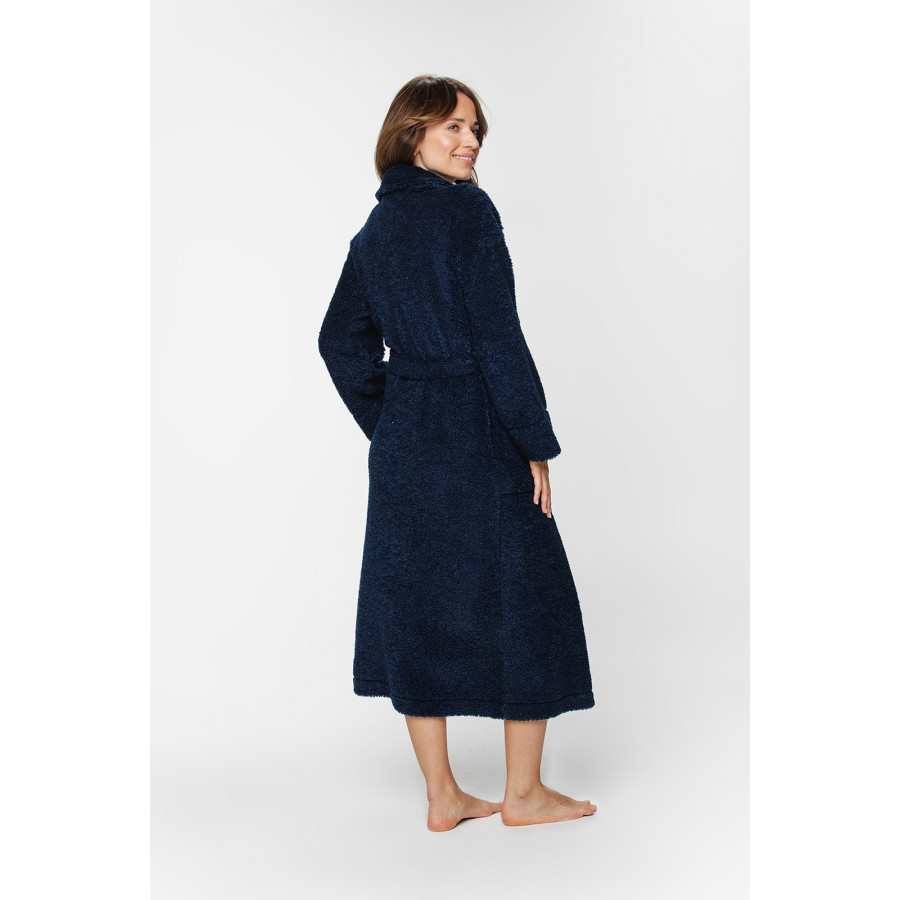 Mid-calf, maxi dressing gown in velvet with a tie belt at the waist, a generous shawl collar and loose-fitting long sleeves