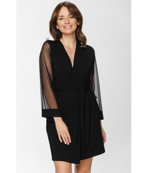 Sensual little dressing gown in black micromodal fabric with long sleeves made completely of transparent tulle - XS/S to XL/XXL