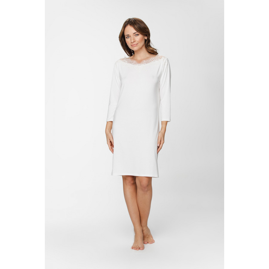 Élégante chemise de nuit tunique blanche en micromodal et élasthanne manche ¾ et dentelle- XS au 5XL - Coemi-Lingerie