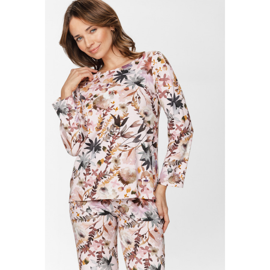 2-piece pyjamas in viscose and elastane, with a leaf motif, a round neck and long sleeves - XS to XXL - Coemi-Lingerie