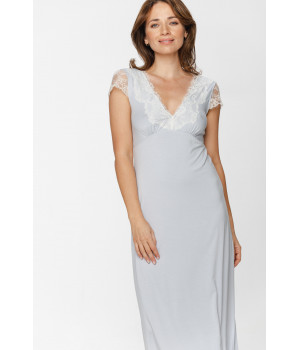 Short-sleeve, long nightdress with a pretty V-neckline in micromodal, elastane and lace - XS au XXL