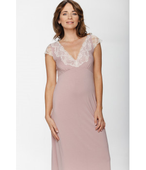 Short-sleeve, long nightdress with a pretty V-neckline in micromodal, elastane and lace - XS au XXL