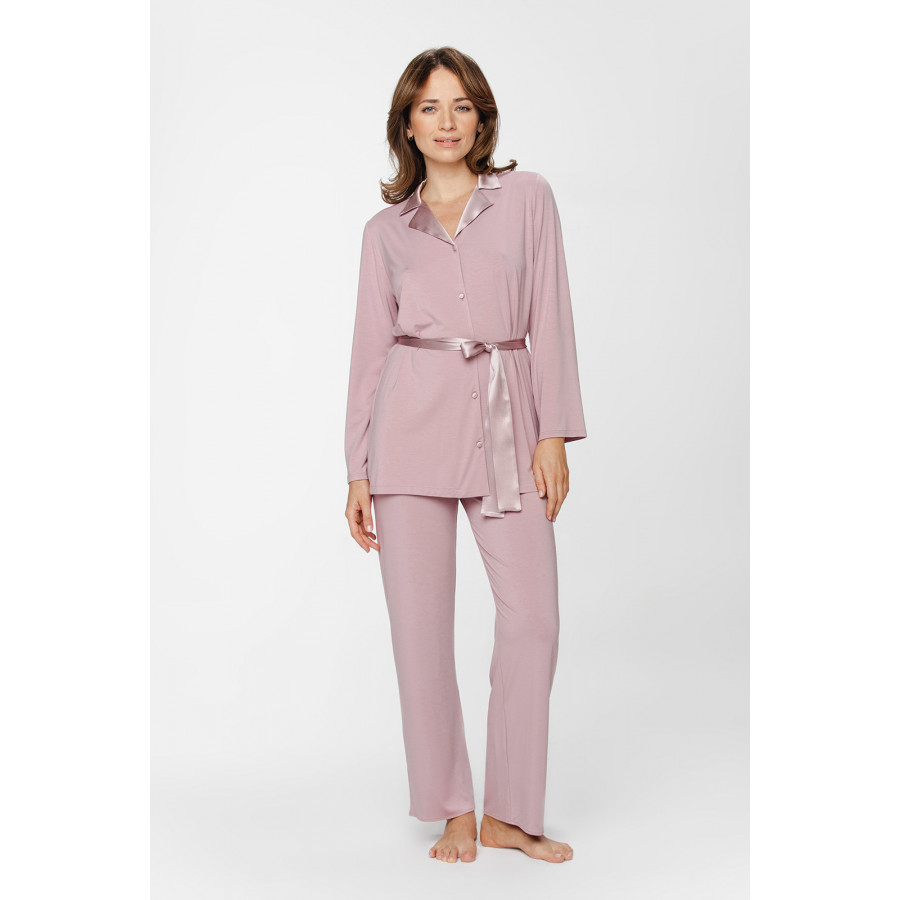 Zweiteiliger Pyjama aus Micromodal und Satin, Oberteil mit Knopfleiste, Hemdkragen und Taillengürtel - XS to 5XL