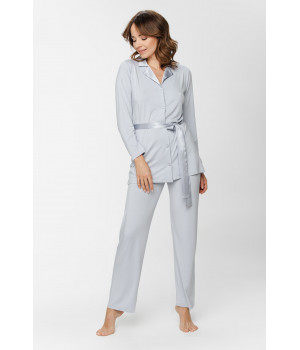 Ensemble pyjama en micromodal et satin, haut boutonné col chemise et ceinture et pantalon fluide et droit