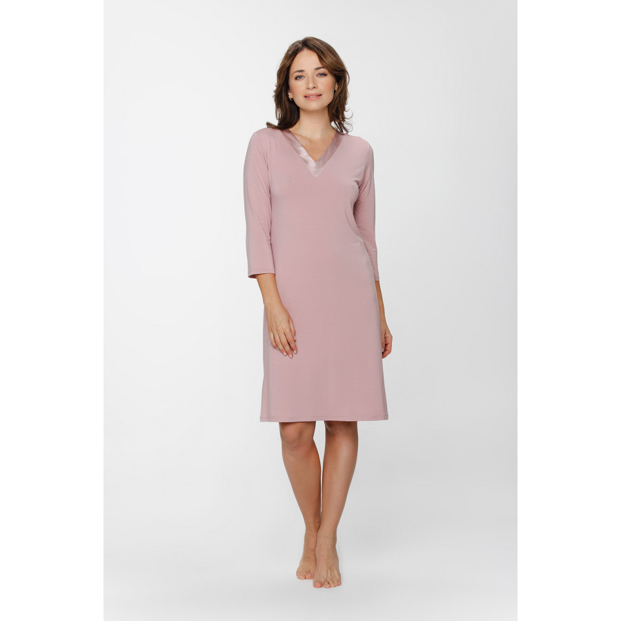 Tunic-style micromodal nightdress with three-quarter-length sleeves and a silky satin V-neckline