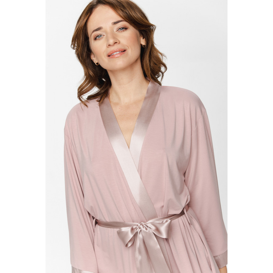 Mid-length micromodal dressing gown with neckline, cuffs and belt in satin - XS/S to XL/XXL