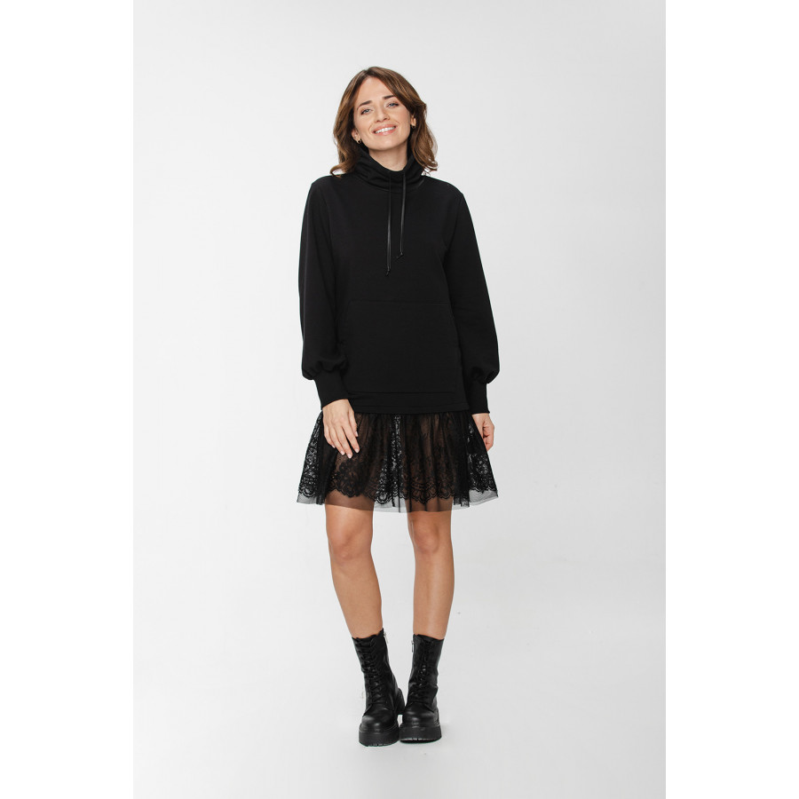 Long-sleeve tunic combining a loose-fitted sweatshirt and a lace skirt - XS to XXL - Coemi-Lingerie