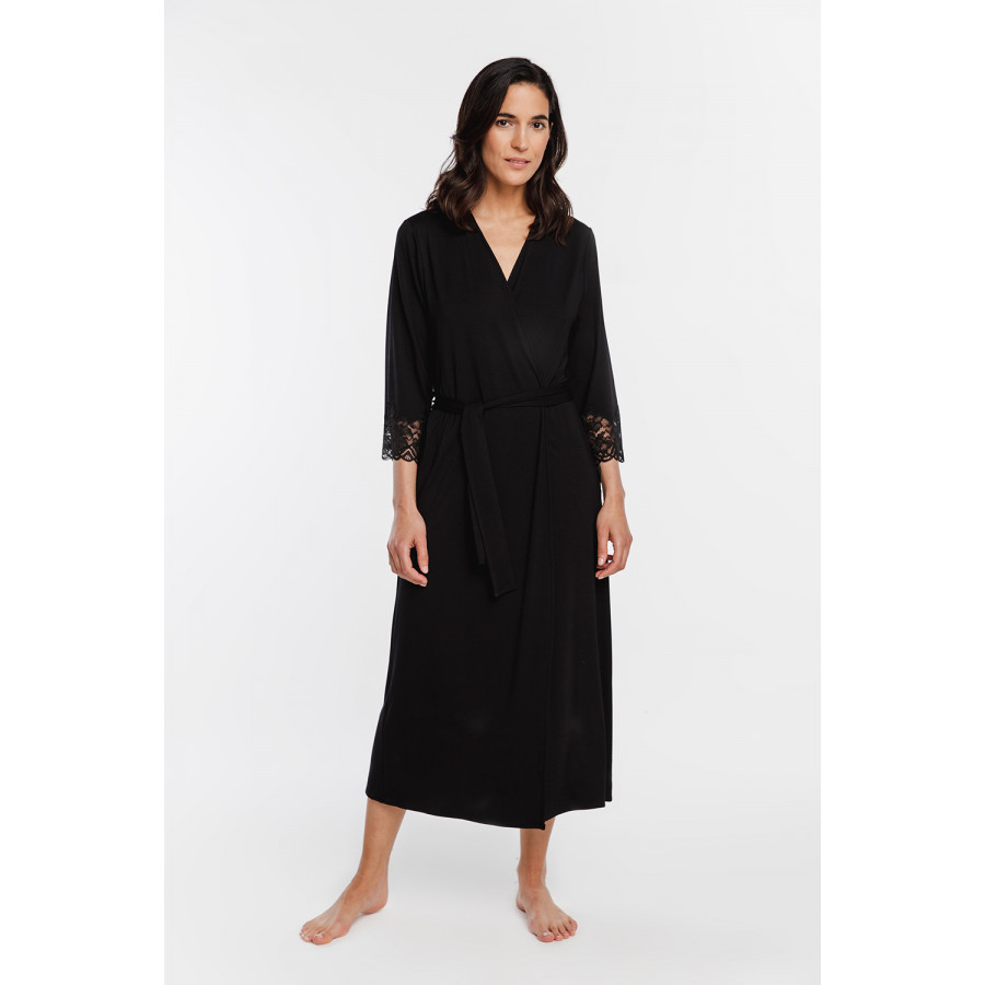 Elegant long micromodal dressing gown with lace enhancing the three-quarter-length sleeves and the back