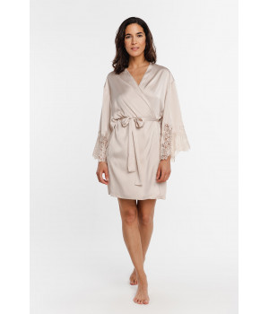 Pretty little mid-thigh satin dressing gown with long sleeves trimmed with lace