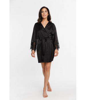 Pretty little mid-thigh satin dressing gown with long sleeves trimmed with lace