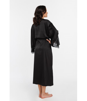 Mid-calf, maxi dressing gown in satin and lace with long, batwing sleeves