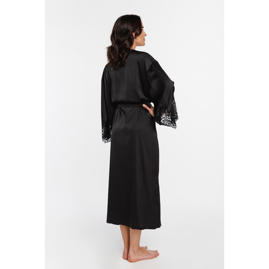 Oversize-Kimono aus Satin und Spitze in Wadenlänge mit langen Fledermausärmeln