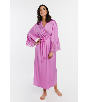 Mid-calf, maxi dressing gown in satin and lace with long, batwing sleeves